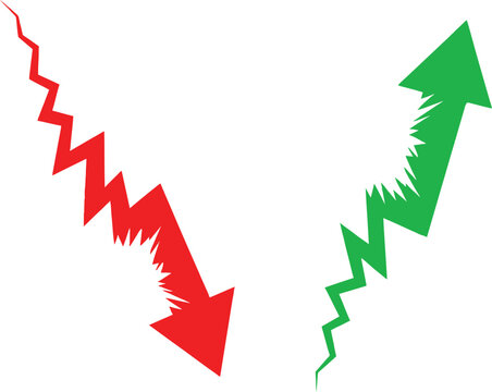 Red zigzag downward arrow and green zigzag upward arrow showing growth and decline Vector