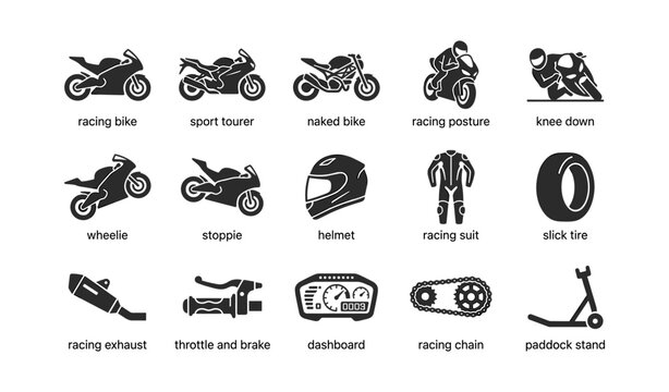 Motorcycle icons showing bikes, gear and parts on white background