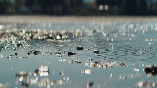Light glinting off sea water and pebbles on tidal flat during the day
