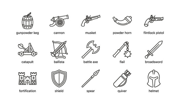Medieval weapon and fortification icons showing arms and armor on white