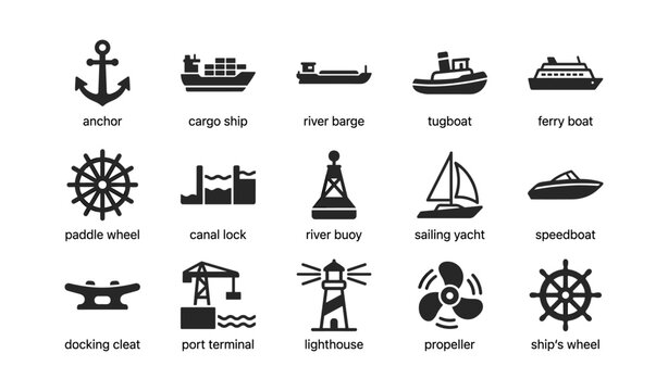 Maritime and boat icons arranged in grid on white background
