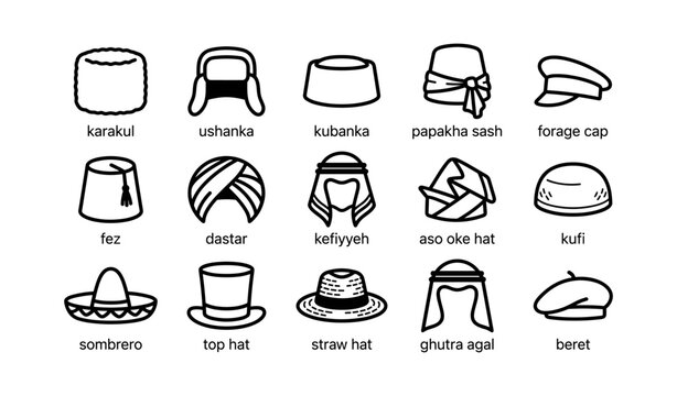 Multiple traditional hat icons arranged in grid on white background
