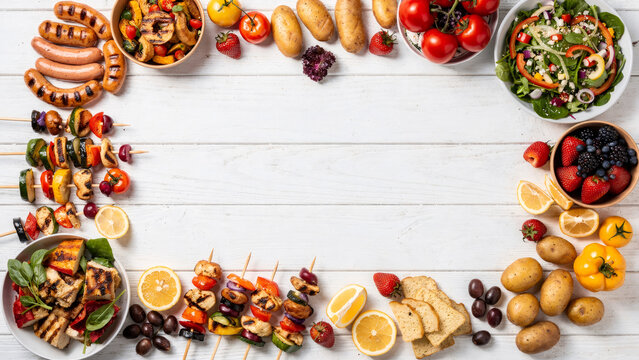 top-down flat lay of a summer BBQ and picnic food frame. Variety of grilled meats like sausages and skewers, grilled vegetables, fresh fruits, salad