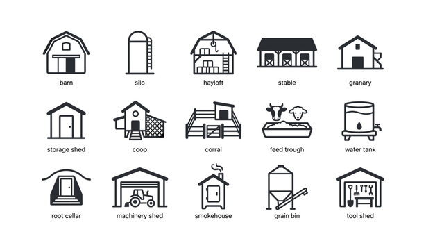 Farm building and storage icons arranged on white background