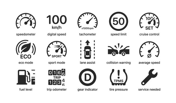 Car dashboard icons showing gauges, warnings and indicators