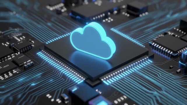 Close‑up glowing microchip with cloud icon, symbolizing cloud computing, digital connectivity, and fusion of hardware with cloud services.