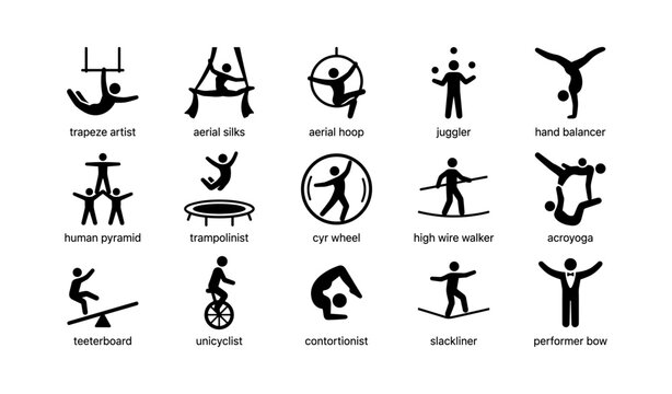 Circus and acrobatics icons showing performers in various acts