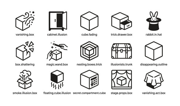 Magic box and illusion icons depicting tricks and props