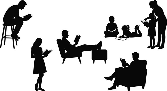 Collection of people silhouettes reading books in different relaxed poses including kids students and parents studying together