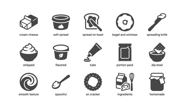 Cream cheese and spread icons arranged in labeled grid on white