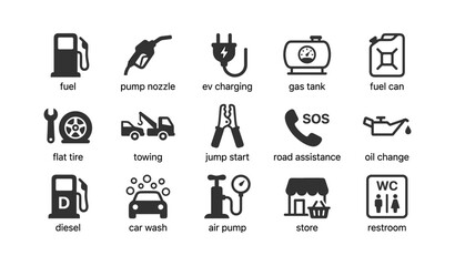 Fototapeta premium Roadside fuel and car service icons showing pumps and repairs