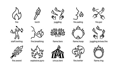 Fototapeta premium Fire performance icons showing equipment and acts on white background