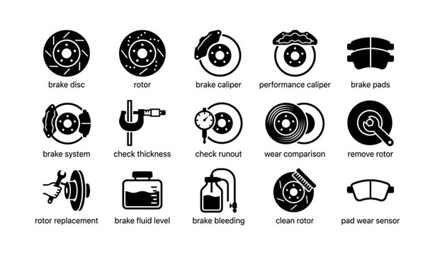 Brake component icons arranged in a grid on white background