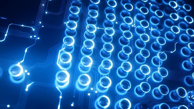 Circuit board with glowing transistors and intricate connections in a futuristic design featuring electronic components, high-tech, digital