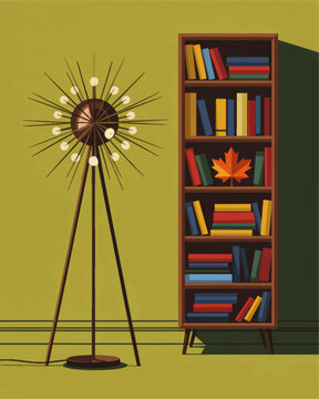 Mid century modern reading corner with sputnik floor lamp and wooden bookshelf full of colorful books on green wall background