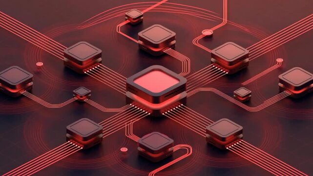 Interconnected microchips with red glow in digital style on dark board background, concept of advanced technology network
