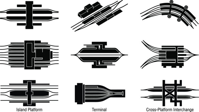 Railway Station Platform and Track Layout Vector Icon Set for Urban Planning, Transit Mapping & Infrastructure Design (EPS)