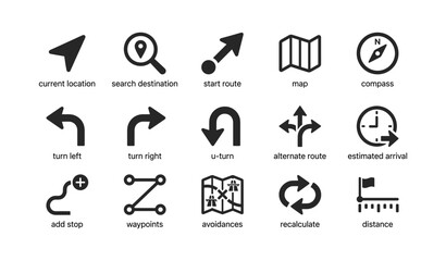 Fototapeta premium Navigation icons for route guidance arranged on white background