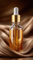 Naklejka premium Glass dropper bottle containing a luxurious golden hair serum, providing essential scalp care, hair wellness, and nourishing properties for beautiful, strong, and glowing hair