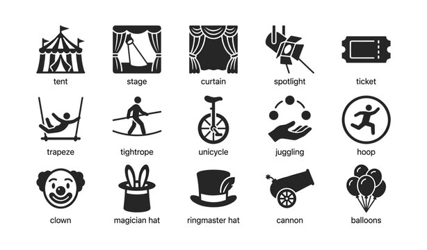 Circus and performance icons showing tent acts and props