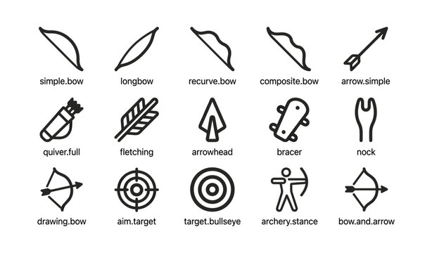 Archery equipment and symbols arranged on white background
