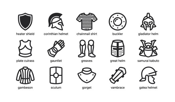 Medieval and classical armor and helmets arranged in grid