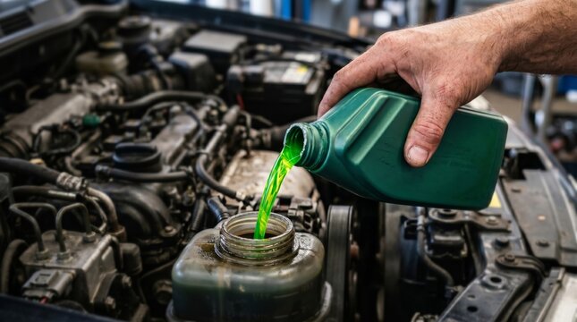 Pouring green fluid coolant or power steering oil into car engine compartment reservoir at garage