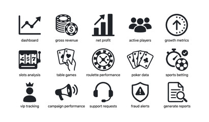 Fototapeta premium Casino analytics and gaming icons arranged in grid on white