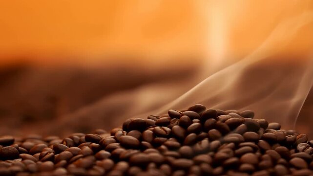 Coffee beans roasted with steam rising in close-up view featuring macro shot, clean composition on simple background