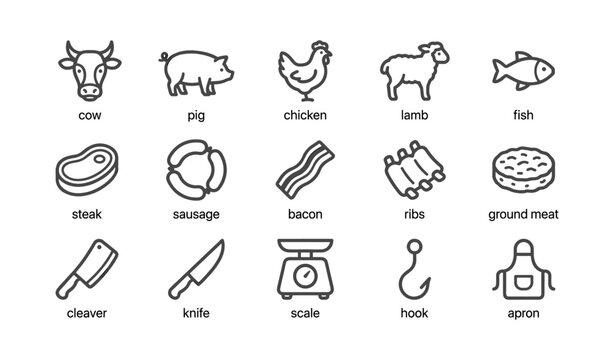 Butcher and meat icons showing animals, cuts and tools on white