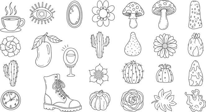 Mystical Boho Doodle Element Vector Set Featuring Hand Drawn Cactus Flowers Mushroom Comb Boot Evil Eye and Coffee Cup Line Art Outline Illustration