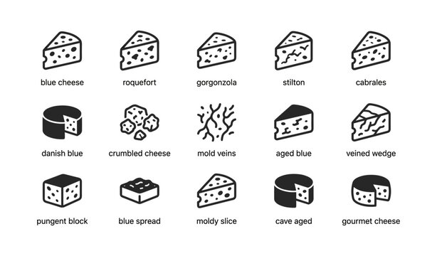Assorted cheese icons arranged in a grid on white background