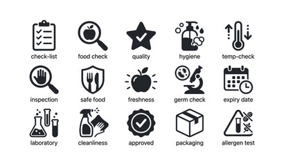 Fototapeta premium Food safety and inspection icons arranged on white background