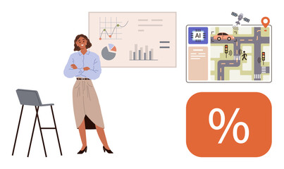 Fototapeta premium Business data, AI innovation, smart traffic, financial planning, analytics, technology. Woman with chart, AI map for traffic percentage symbol. Business data and AI innovation