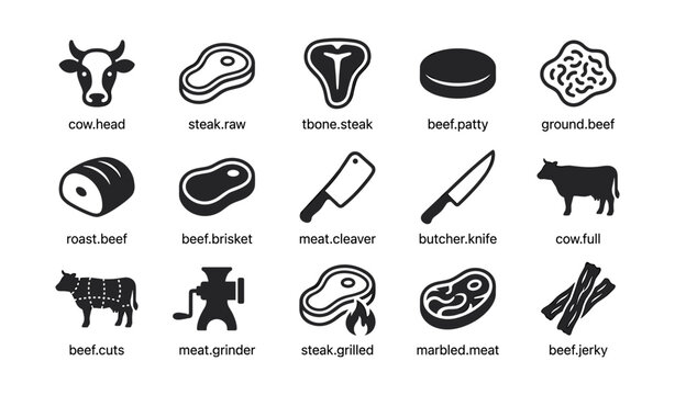 Beef and meat icons showing cuts tools and products in grid
