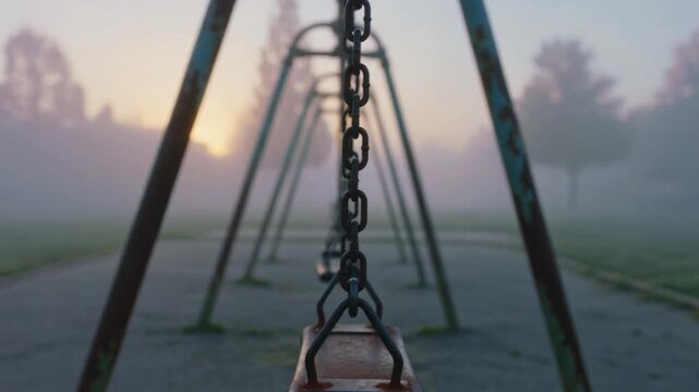 Primer plano de cadenas de columpio solitario con fondo desenfocado y bruma matutina
