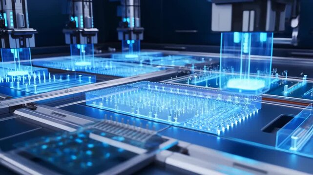 Circuit board microchip with robotic precision, glowing blue data lines and metallic components in a futuristic industrial lab