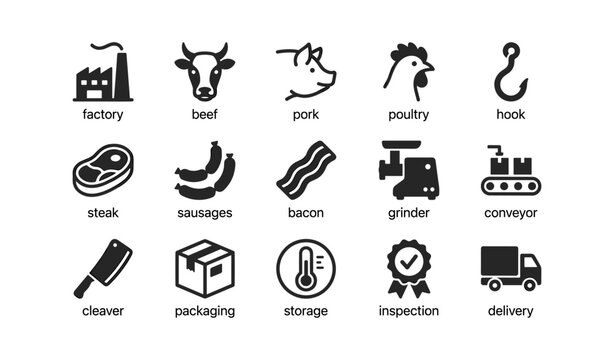 Meat processing and packaging icons arranged on white background