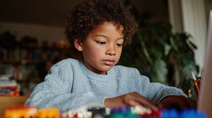 Naklejka premium Young boy with curly hair sitting at a desk in front of a computer. he is wearing a blue sweater and appears to be focused on the task at hand.