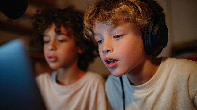 Two young boys sitting in front of a laptop computer. the boy on the right is wearing a pair of black headphones and appears to be listening intently to the music on the laptop screen.
