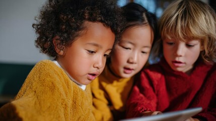 Obraz premium Three young children, two girls and a boy, sitting on a couch and looking at a tablet.
