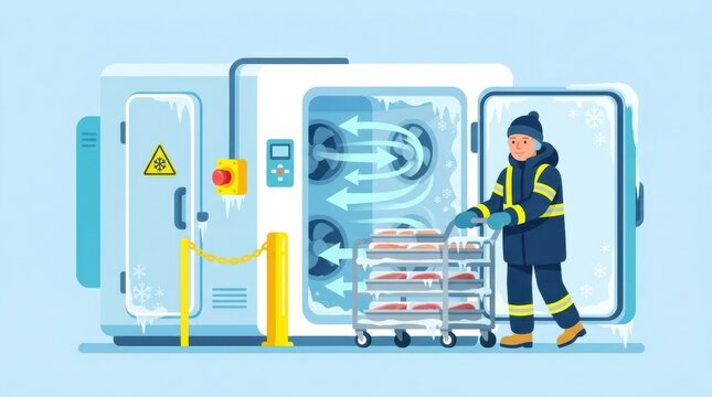 Worker moves a cart of frozen items out of a cold storage unit while following safety guidelines. The area has clear signage and safety features.