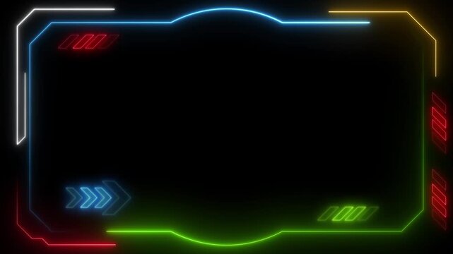 Futuristic sci-fi hud interface frame displaying ruby, emerald, and sapphire colors with bright neon glowing lighting, 4k video