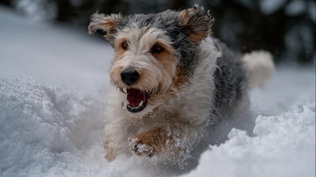 Close-up of a dog running through the snow. the dog appears to be an airedale terrier, with a white and gray coat.