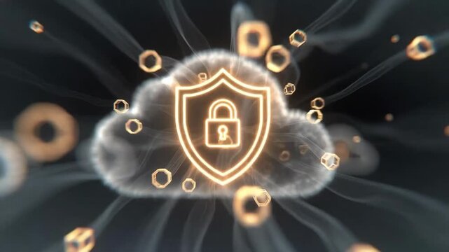 Cloud with glowing shield lock in futuristic style on dark background, concept of cybersecurity and data protection