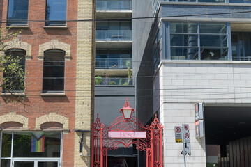 Naklejka premium wrought iron gate entrance to Beso by Patria, a Spanish restaurant, located at 478 King St W, Toronto