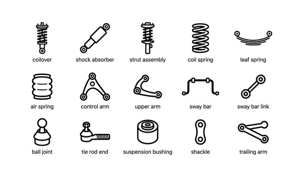 Vehicle suspension components displayed in grid on white background