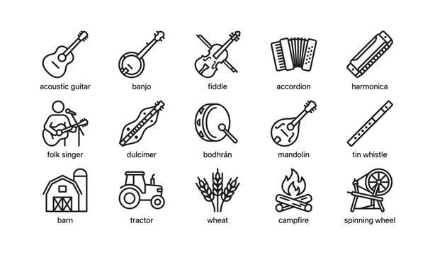 Folk instruments and rural items displayed in grid on white background
