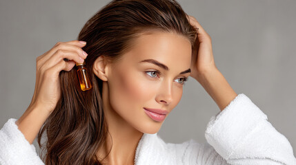 Fototapeta premium Woman applying hair serum to her scalp, embodying a dedicated beauty ritual and self care routine, promoting hair wellness, growth, and a healthy appearance