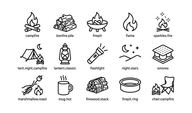 Camping equipment icons arranged in grid on white background